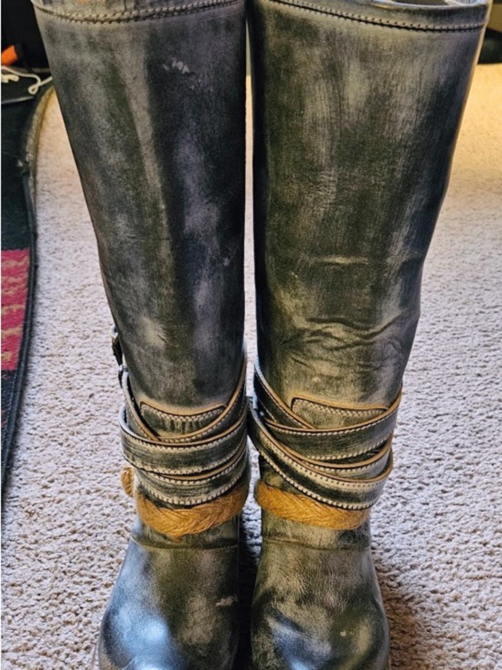 Freebird Women’s Tall Riding Boots in Distressed Gray Blue with Strap Detail